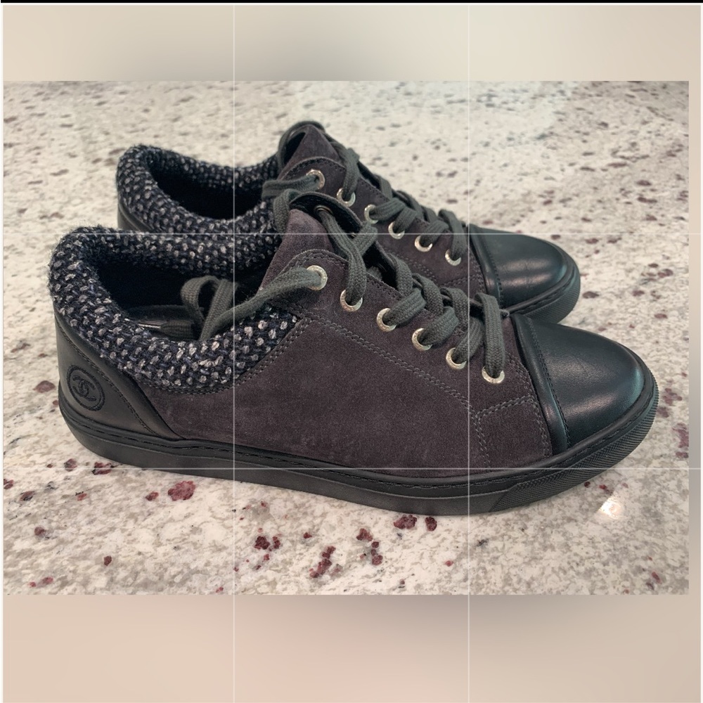 CHANEL 15A Grey Gray Black Suede Tweed Low Top Lace Up Sneaker Shoes 39 1/2 39.5